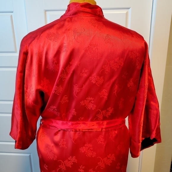 VINTAGE ASIAN INSPIRED 1980s LONG REVERSIBLE ROBE RED BLACK WOMEN SIZE XL - Picture 7 of 12